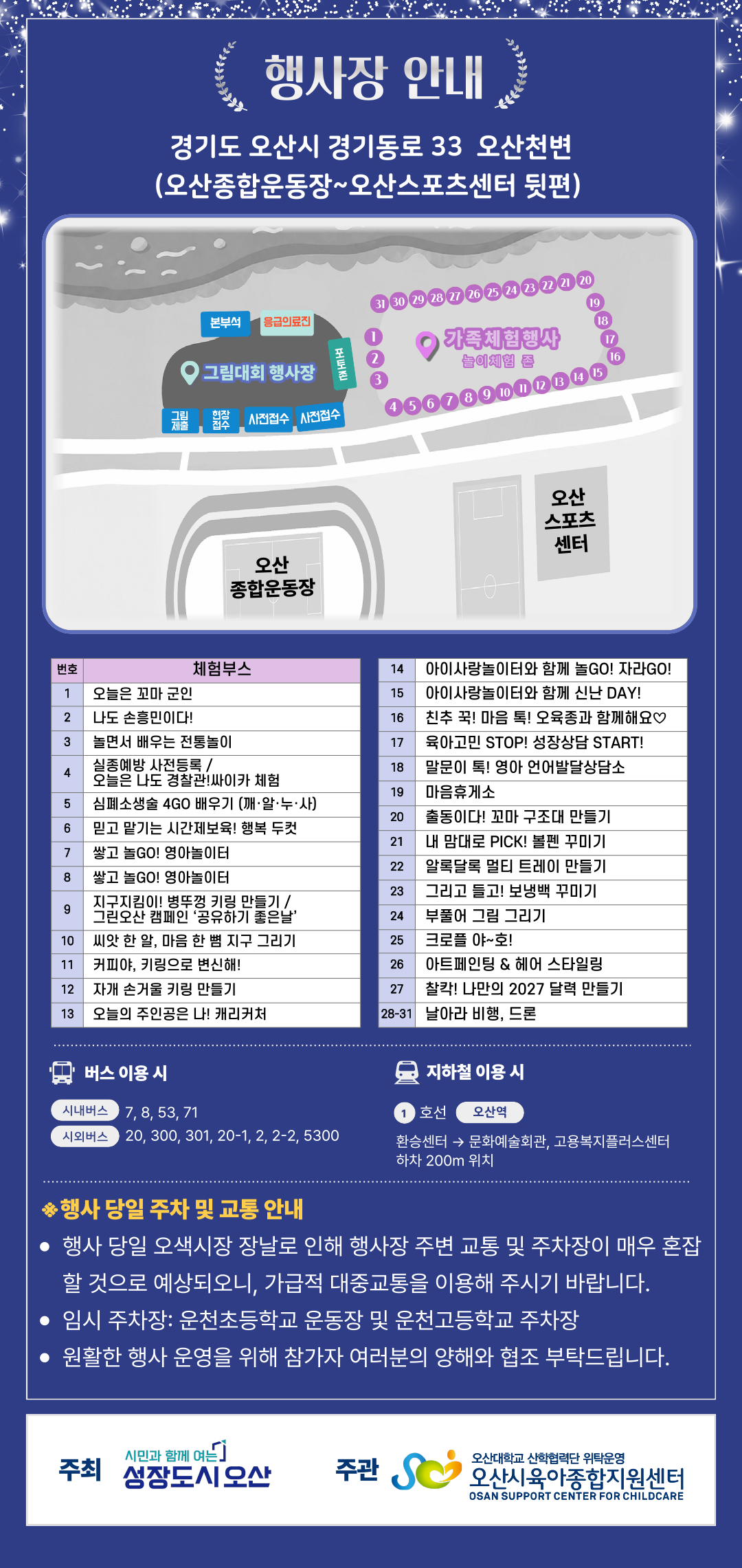 행사장 안내. 경기도 오산시 경기동로 33 오산천변, 오산종합운동장부터 오산스포츠센터 뒷편. 그림대회 행사장: 그림제출, 현장접수, 사전접수. 가족체험행사: 놀이체험 존. 시내버스 7, 8, 53, 71. 시외버스 20, 300, 301, 20-1, 2, 2-2, 5300. 지하철 1호선 오산역 환승센터에서 버스 환승 후 문화예술회관, 고용복지플러스센터 하차, 200m 이동. 공영 주차장이 협소하므로 가급적 대중교통을 이용해 주시기 바랍니다. 주최 오산시, 주관 오산시육아종합지원센터.