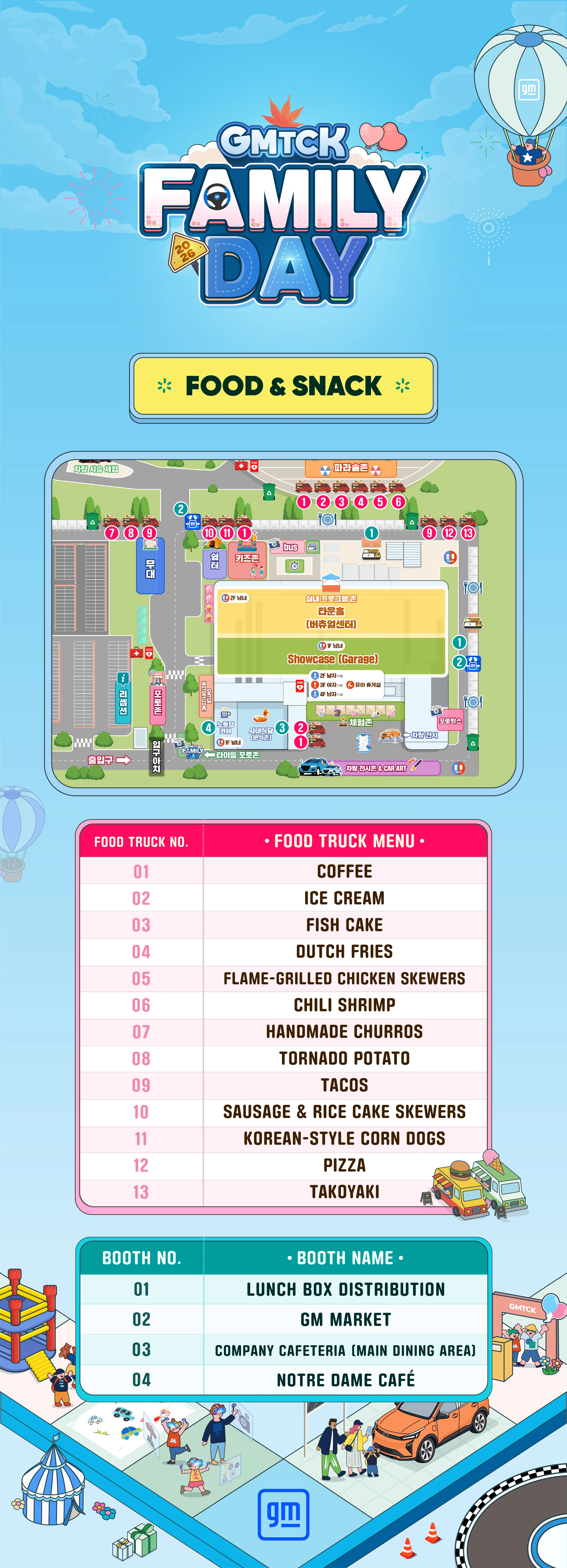 Food & snack. Food truck locations and menus, lunch box distribution, GM market, company cafeteria and Notre Dame café. See the map and numbered tables for details.