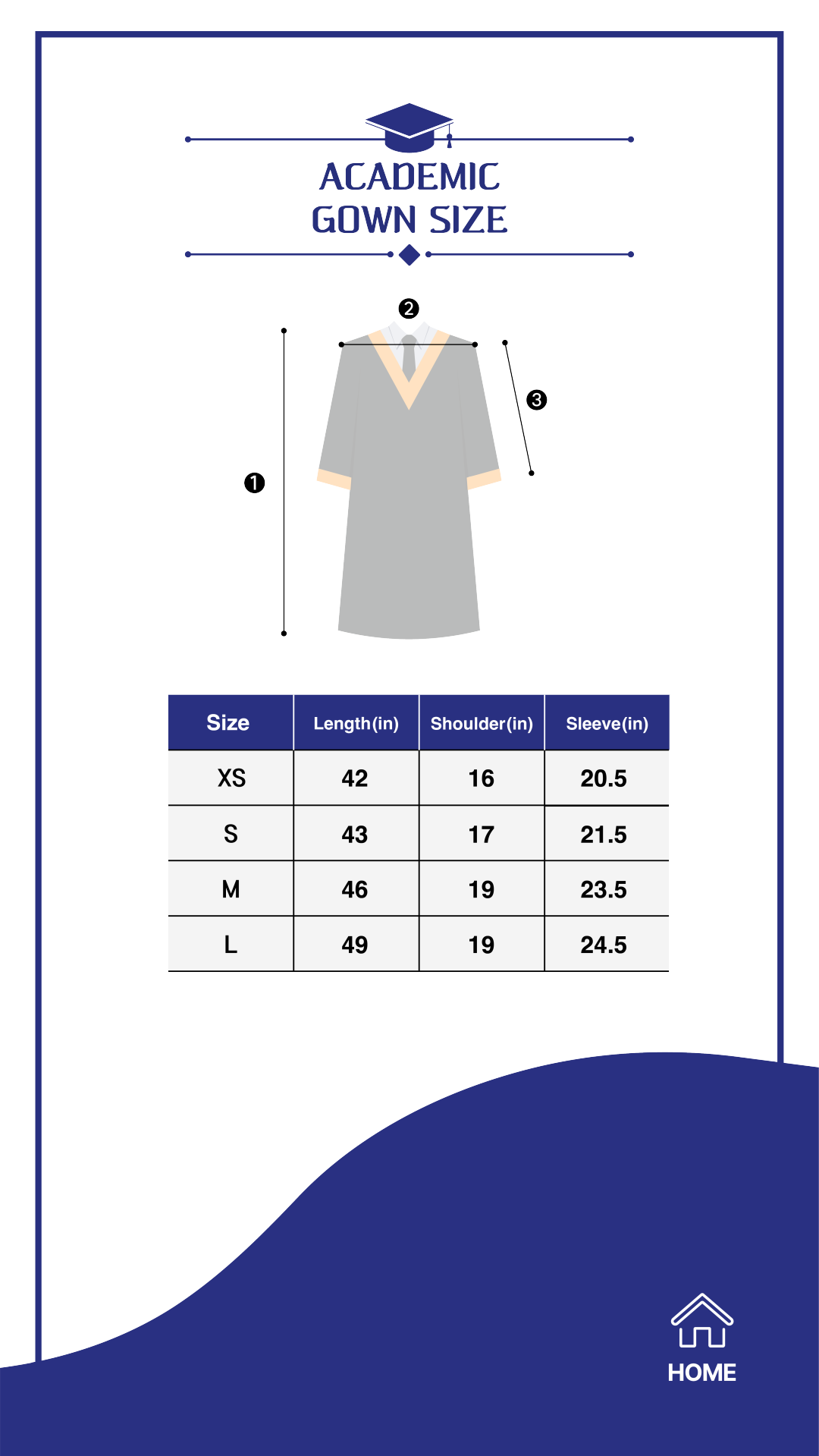 Academic gown size chart